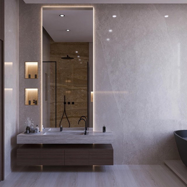 Impression eines modernen Schlafzimmers, verfliest