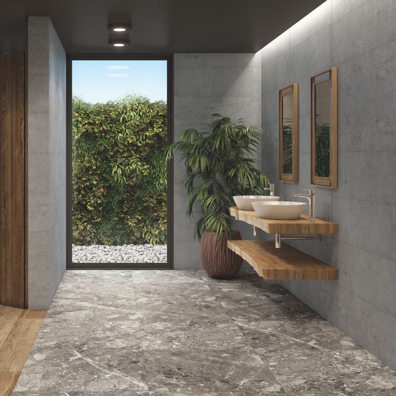 Impression eines modernen Badezimmers mit freistehender Badewanne